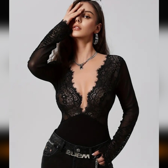 Tops - 3/$30 Elegant Black Lace Deep Plunge Bodysuit